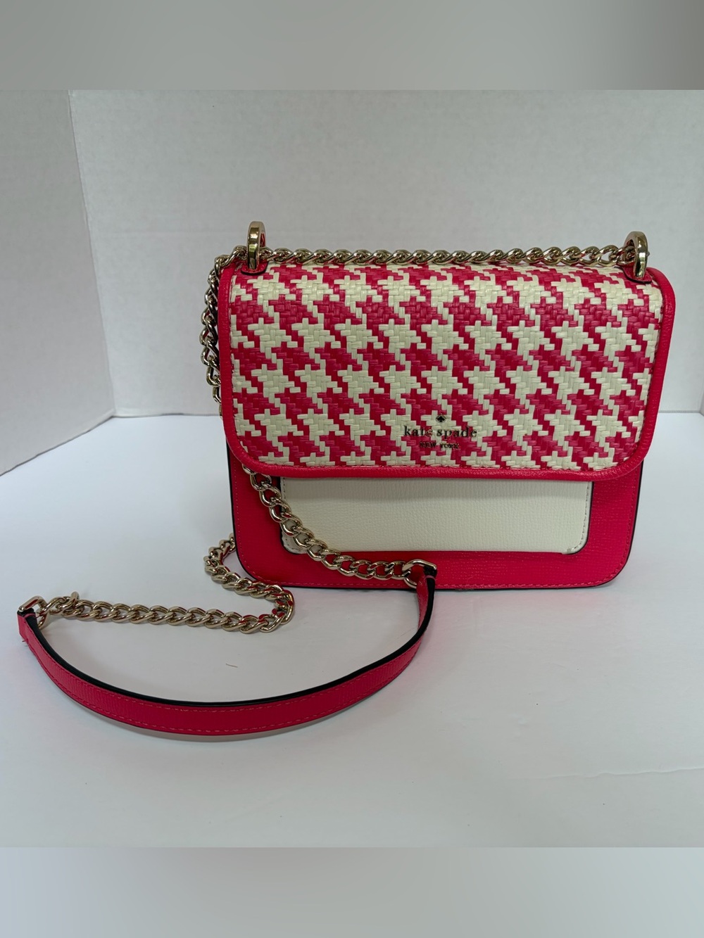 kate spade Pink & Cream Woven Raffia Chain Crossbody Bag